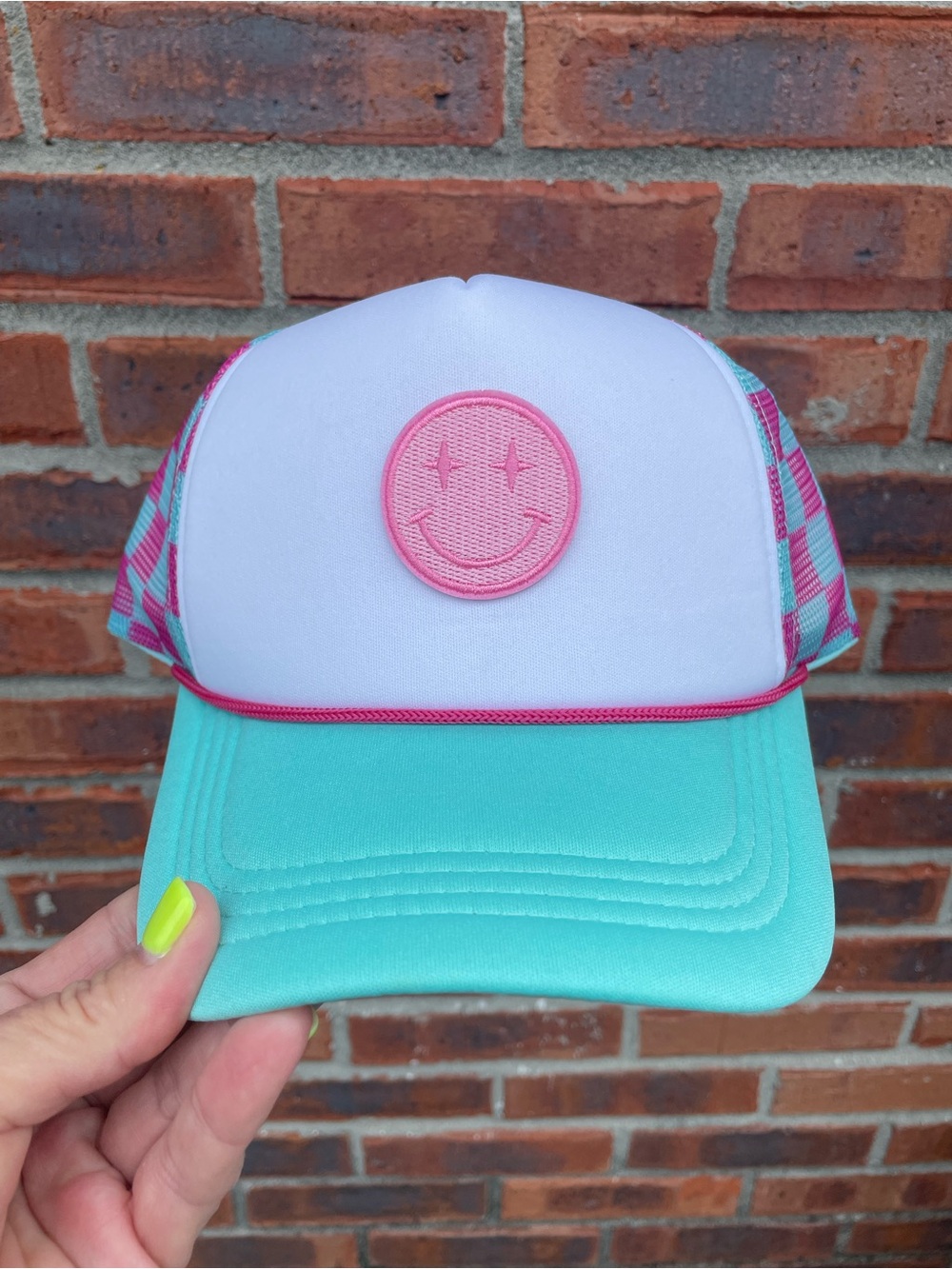 Smiley Face Trucker Hat Pink & Aqua O/S